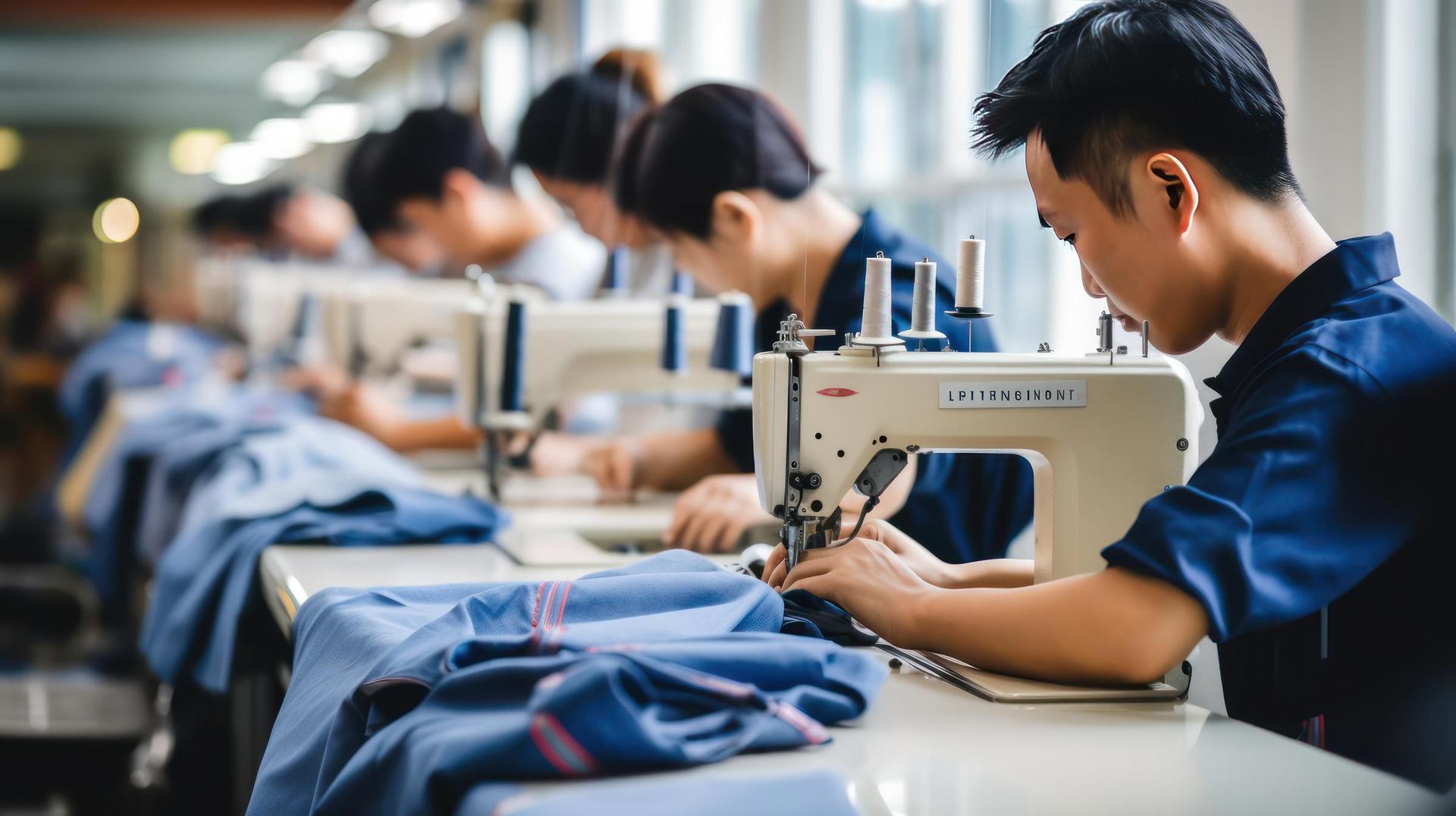 Workers sewing apparel garments in factory