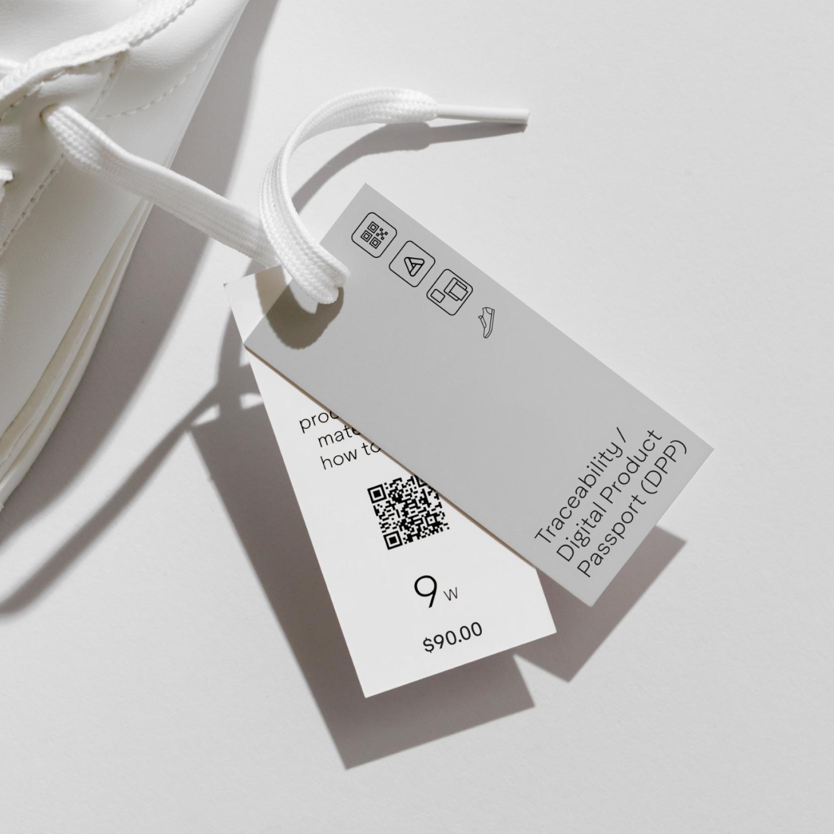 close up of sustainable hang tags with QR code for digital product passport