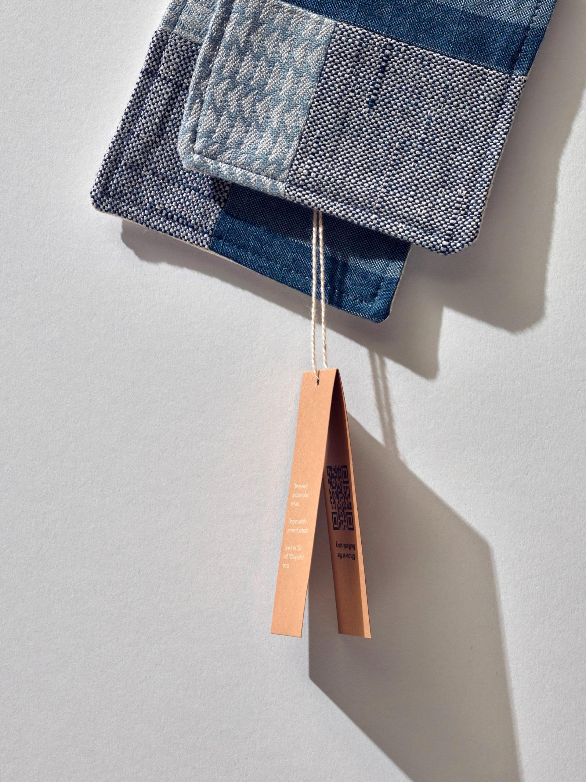Sunbrella ReMade X ReCircled hang tag on repurposed fabric 