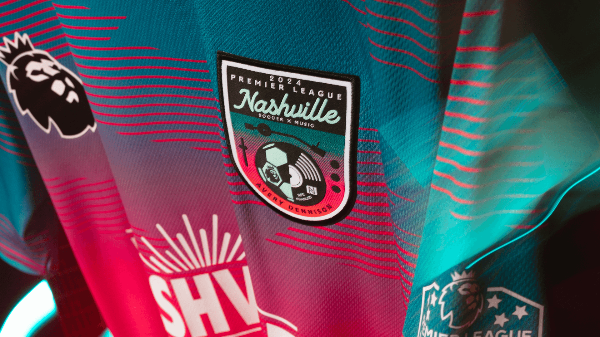 close up of woven badge on a sports jersey