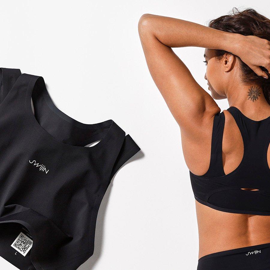 Swijin sports bra flat lay and on model